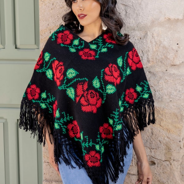 Hand Embroidered Mexican Poncho. Artisanal Mexican Poncho. Boho Fringe Poncho. Traditional Mexican Poncho. Mexican Sweater Poncho.