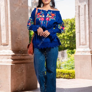 Floral Embroidered Mexican Blouse. Size S 2X. Floral Long Sleeve Blouse with Lace. Mexican Artisanal Top. Off the Shoulder blouse. Royal Blue