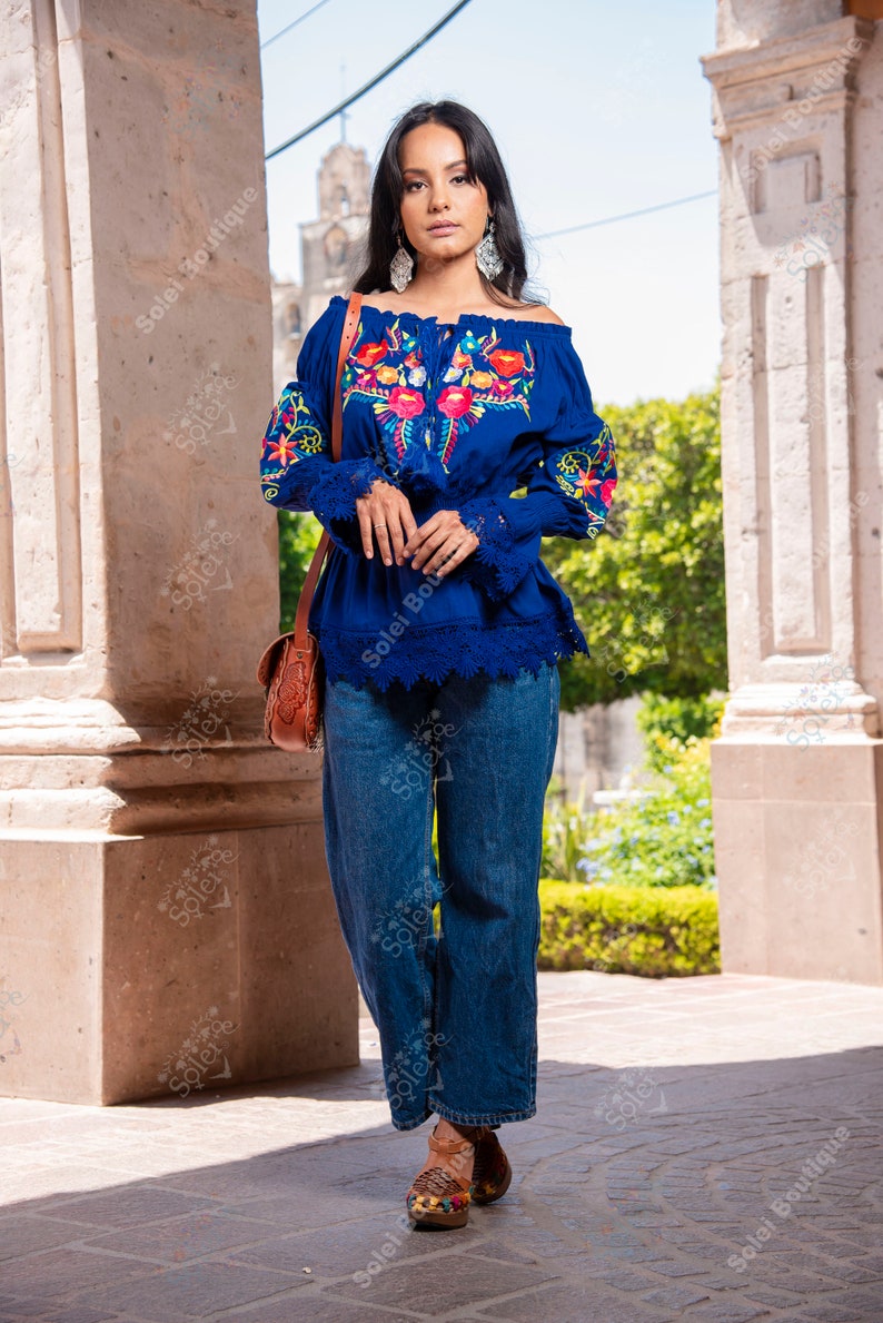 Floral Embroidered Mexican Blouse. Size S 2X. Floral Long Sleeve Blouse with Lace. Mexican Artisanal Top. Off the Shoulder blouse. Royal Blue