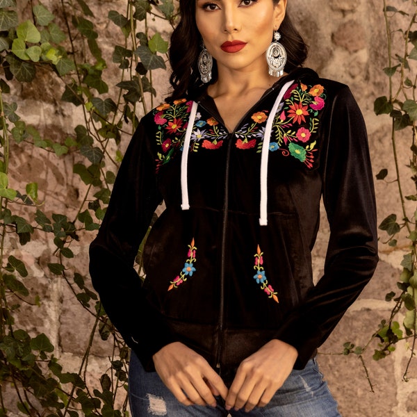 Mexican Floral Velvet Hoodie. Embroidered Ethnic Hoodie. Boho Hippie Style. Latina Fall Winter Style. Mexican Embroidered Hoodie.