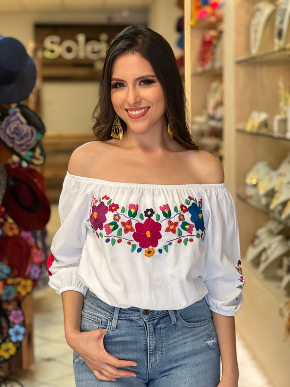Artisanal Hand Embroidered Crop Top. Mexican 3 4 Sleeve Crop Top. Mexican Floral Top. Traditional Mexican Blouse. Mexican Fashion Blouse. Etsy