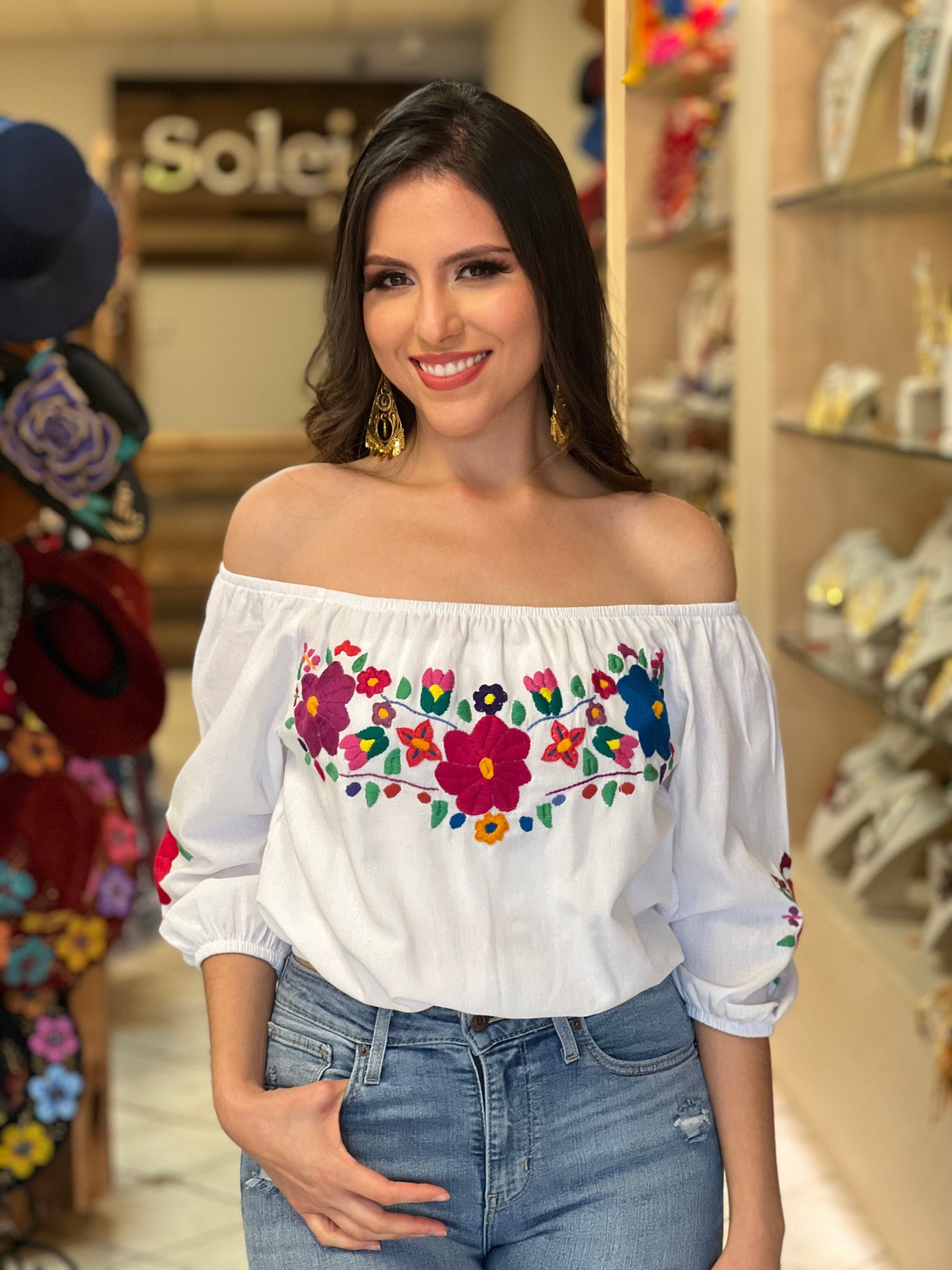 Artisanal Hand Embroidered Crop Top. Mexican 3/4 Sleeve Crop Top 