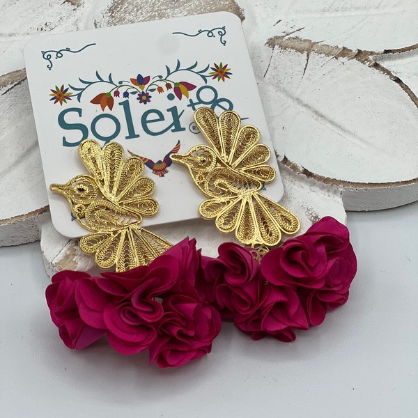 Mexican Filigree Hummingbird Earrings. Gold Plated Filigree. Silk Flower Earrings. Dangle Earrings. Traditional Mexican Earrings.