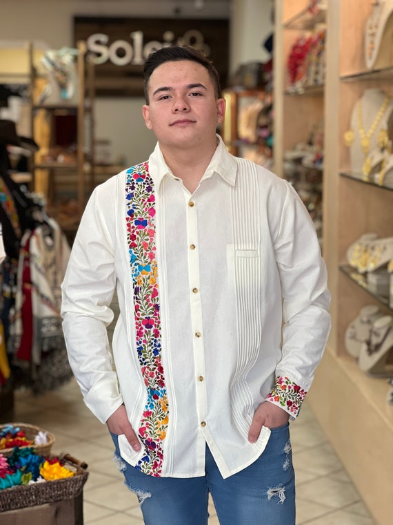 Mens Mexican Traditional Shirt. Floral Embroidered Guayabera for Men.  Formal Button up Shirt. Traditional Style Long Sleeve Shirt. 