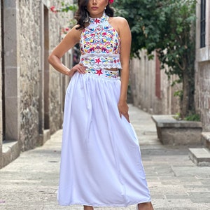 Mexican Floral 2 Piece Set. Artisanal Embroidered Mexican Dress. Mexican Halter Dress. Colorful Floral Mexican Dress. Chiffon Skirt Dress. zdjęcie 7