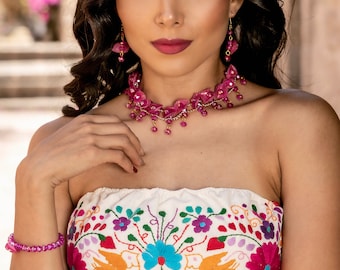 Mexican Artisanal Jewelry Set. Typical Mexican Necklace, Bracelet & Earrings. Bohemian Style Ethnic Jewelry. Traditional Mexican Fiesta.