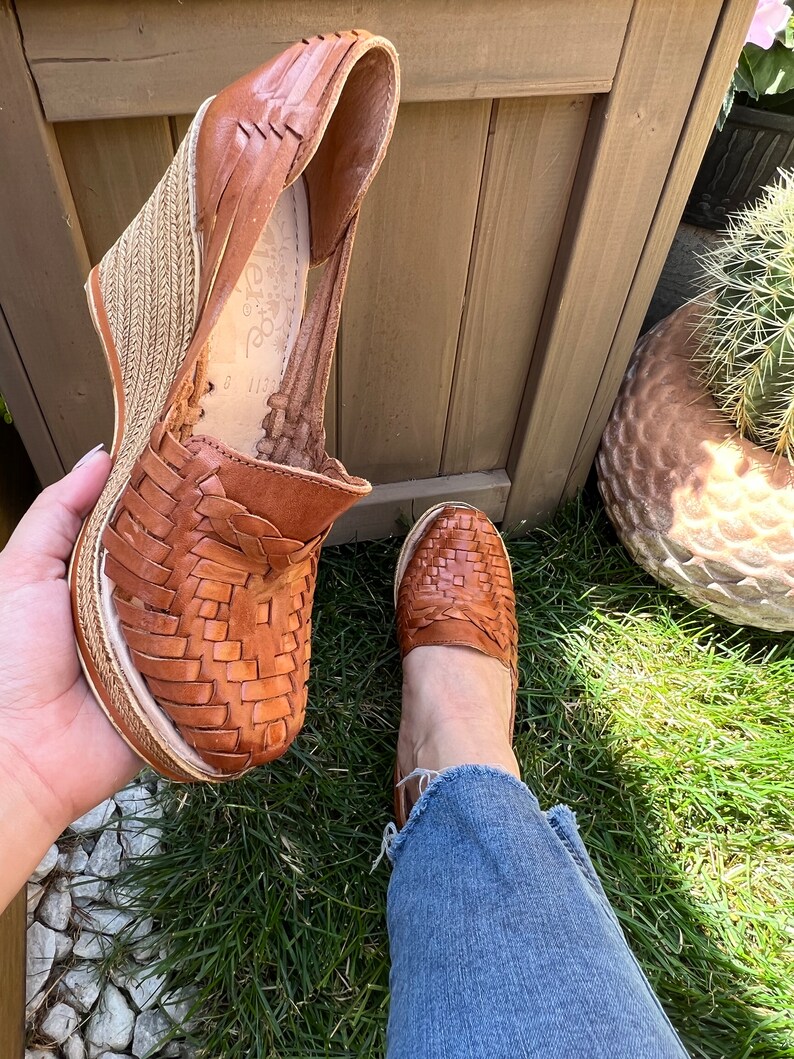 Sandales compensées mexicaines. Vintage Boho-hippie toutes tailles. Sandale mexicaine en cuir. Sandale d'été. Escarpins traditionnels mexicains. Escarpins compensés en cuir. image 5