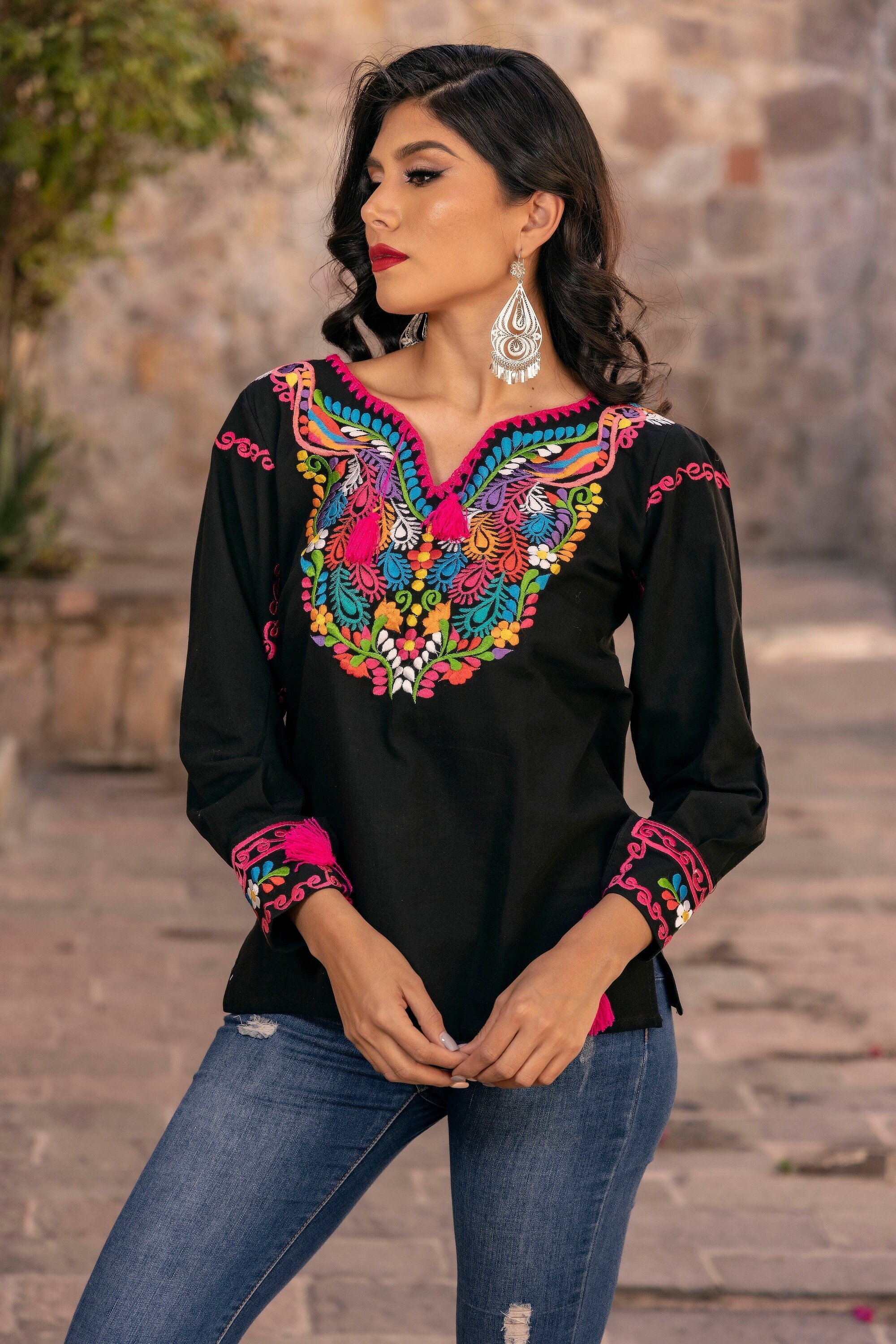Embroidered Tops for Women Summer Boho Choth Mexican Bohemian Peasant Tops  Loose 3/4 Sleeves Shirts Blouse Top
