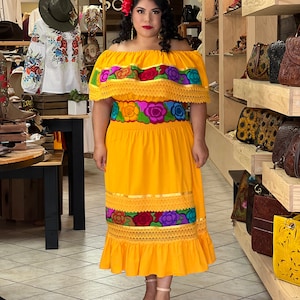 Mexican Traditional Dress. Floral Embroidered Dress. Mexican Fiesta Dress. Lace Trim Off the Shoulder Dress.