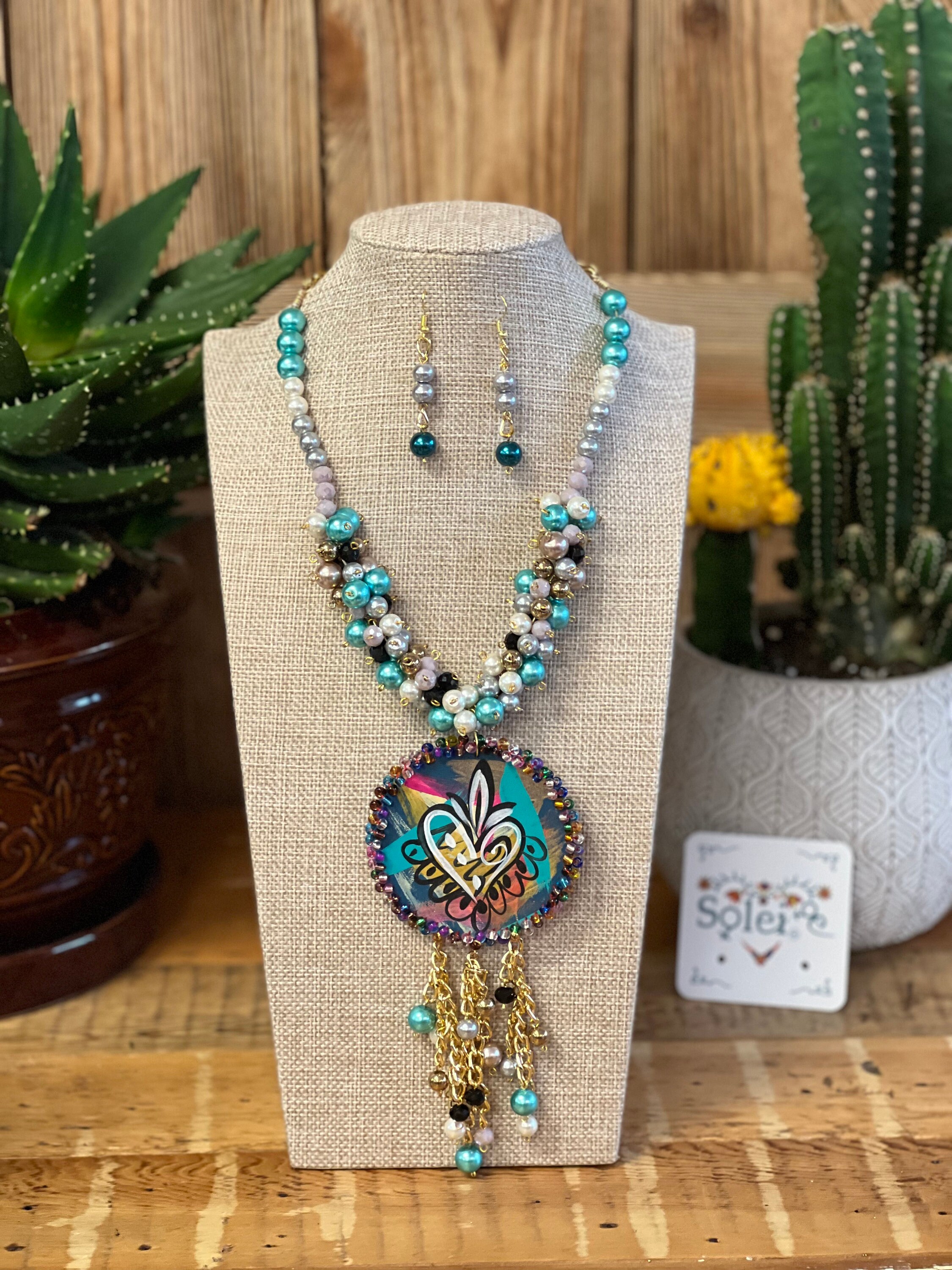 Mexican Necklace & Earrings Set. Pearl Multicolor Necklace