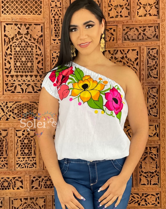 Blusa Floral de un Hombro. Blusa Bordado Artesanal. Blusa Colorido Floral. Blusa Frida Kahlo. Blusa Fiesta Mexicana. Etsy Espana