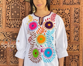 Hand Embroidered Multicolor Blouse. Floral Mexican Blouse. Mexican