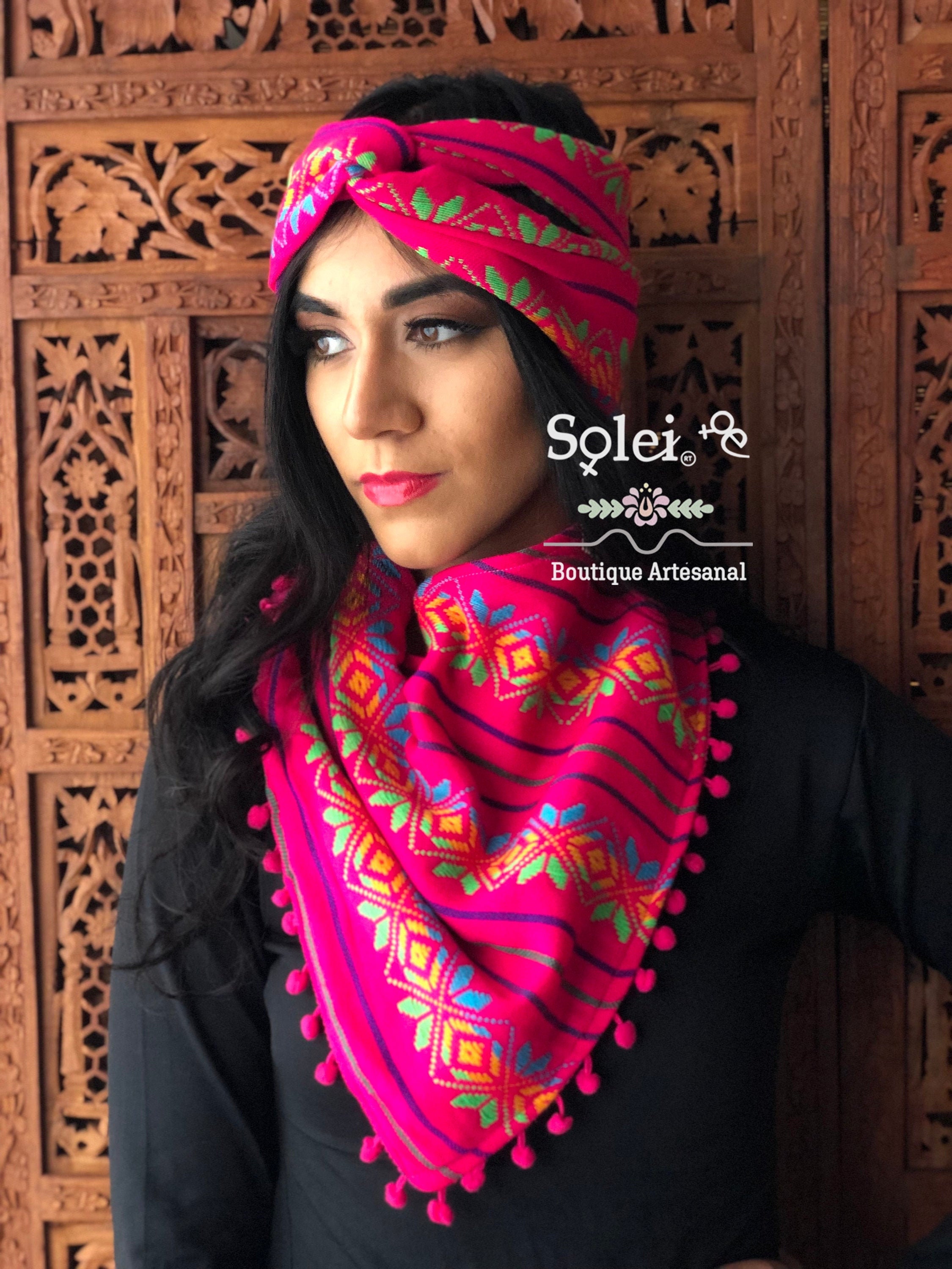 SoleiEthnic Turban Headband and Matching Scarf. Mexican Artisanal Head Wrap and Scarf. Colorful Headband and Scarf in Traditional Mexican cloth.