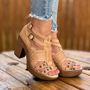 Mexican Block Heel. Mexican Leather Sandal. Artisanal Heels. Summer Heels. Mexican Artisanal Shoes. Open Toe Block Heels. Mexican Wedding.