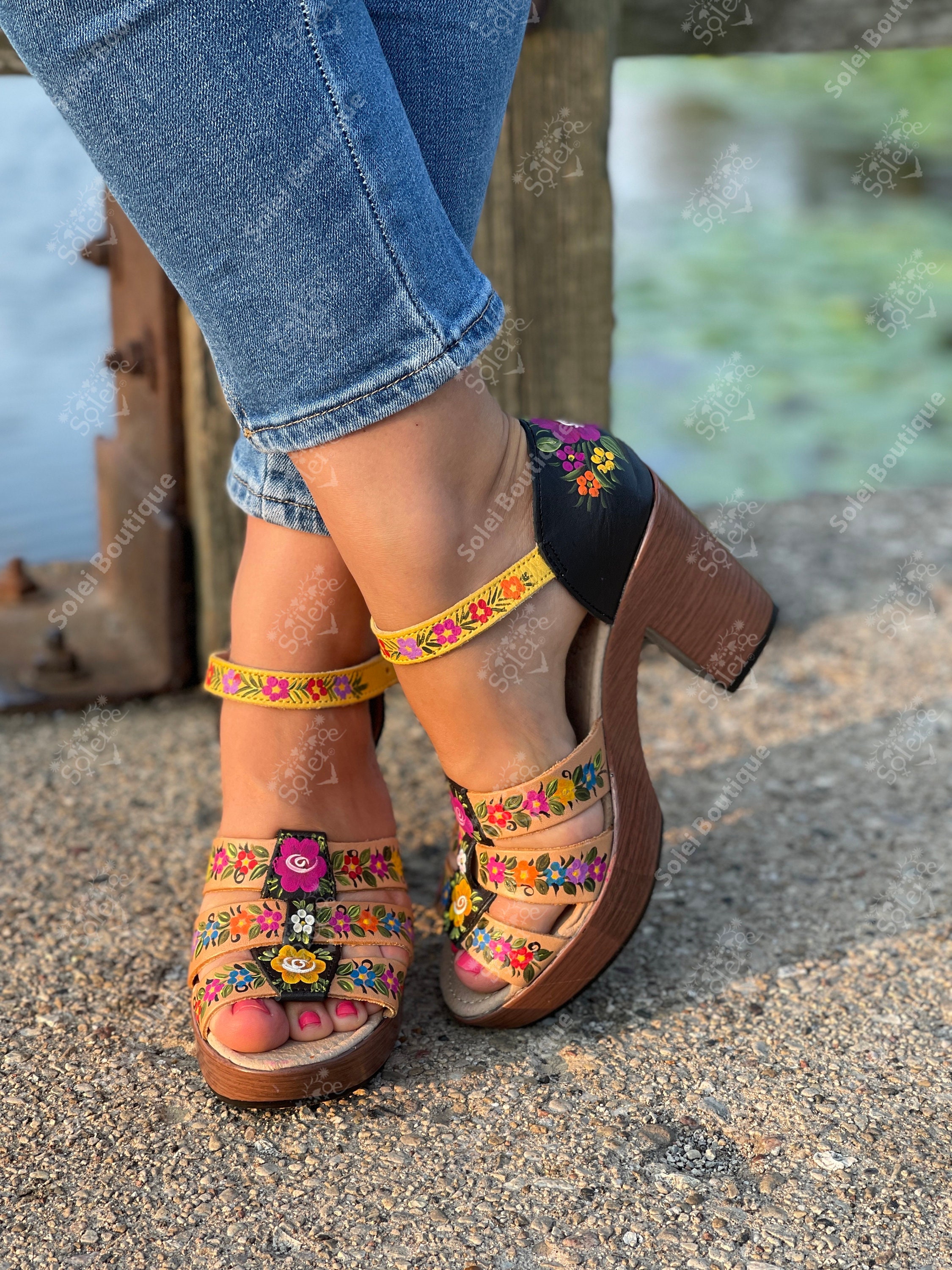 Hand Painted Mexican Leather Heels. Premium Mexican Block Etsy