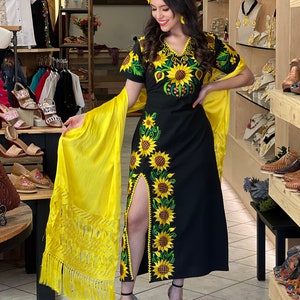 Mexican Sunflower Embroidered Dress. Size S - 3X. Traditional Mexican Dress. Long Sunflower Dress.