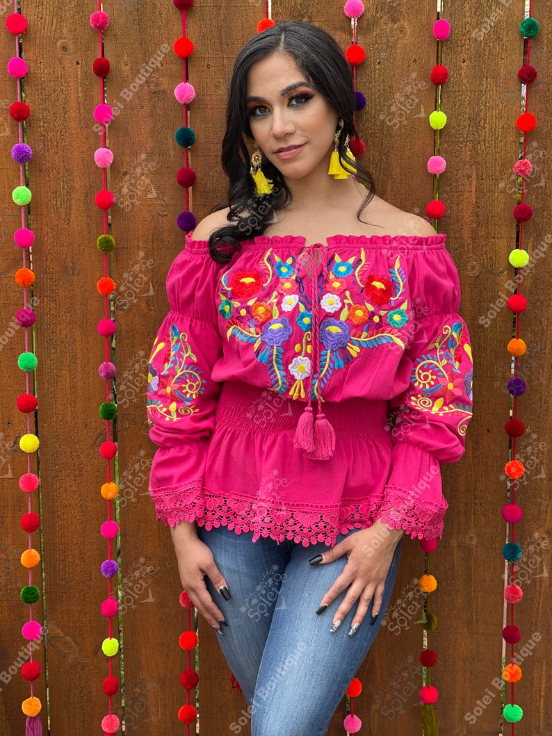 Floral Embroidered Mexican Blouse. Size S 2X. Floral Long Sleeve Blouse with Lace. Mexican Artisanal Top. Off the Shoulder blouse. Rosa