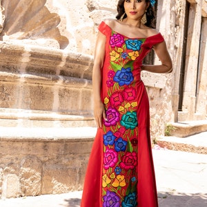 Mexican Embroidered Maxi Dress. Size S - 2X. Wedding Style. Traditional ...