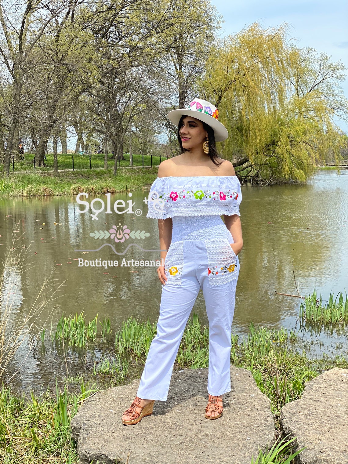 Mexican Floral Jumpsuit. Lace Trim Off the Shoulder Jumpsuit. Etsy