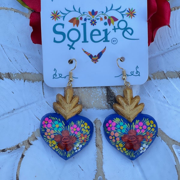 Hand Painted Artisanal Earrings. Dangle Earrings. Mexican Floral Earrings. Boho Chic Earrings. Traditional Mexican Jewelry. Gifts for her.