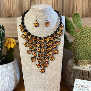 Mexican Artisanal Butterfly Jewelry Set. Typical Mexican Necklace & Earrings. Hand painted Ceramic Jewelry. Woven Palm Necklace.