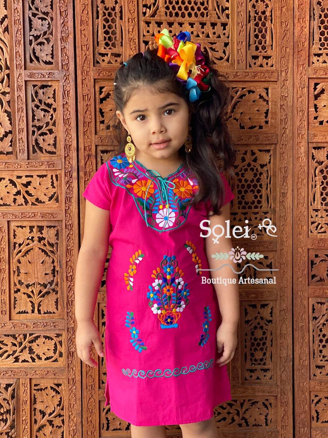 Girls Mexican Kimono Dress. Hand Embroidered Dress. Kids Traditional Dress. Girls Mexican Dress