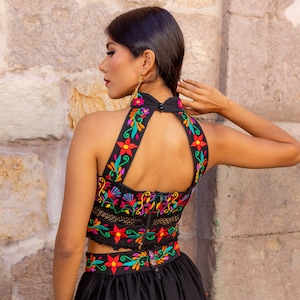 Mexican Floral 2 Piece Set. Artisanal Embroidered Mexican Dress. Mexican Halter Dress. Colorful Floral Mexican Dress. Chiffon Skirt Dress. zdjęcie 5