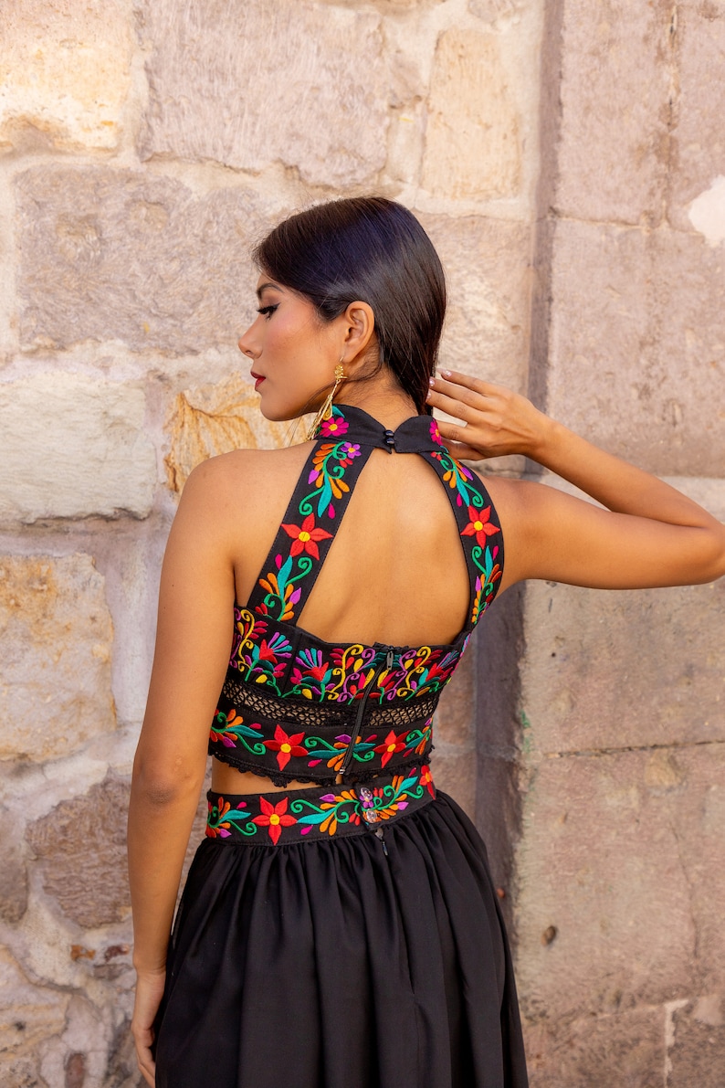 Mexican Floral 2 Piece Set. Artisanal Embroidered Mexican Dress. Mexican Halter Dress. Colorful Floral Mexican Dress. Chiffon Skirt Dress. image 5