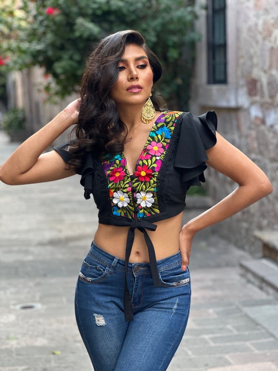 Embroidered Button Up Crop Top Embroidered Button Up Crop Top
