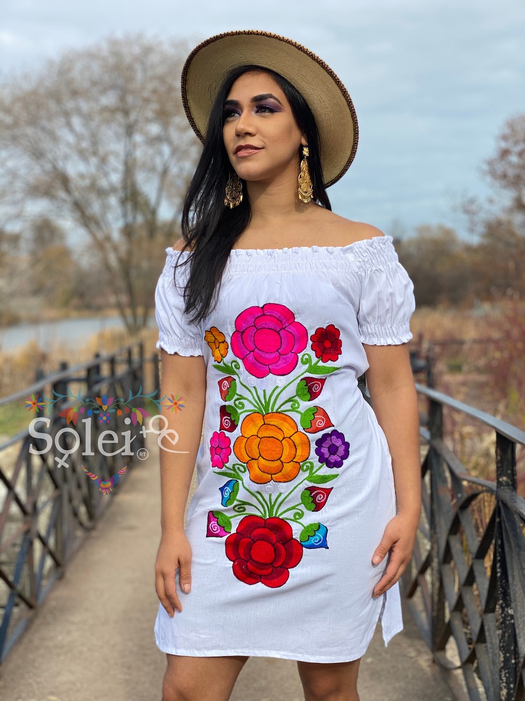 Mexican off the Shoulder Dress. Floral Embroidered Dress. Short