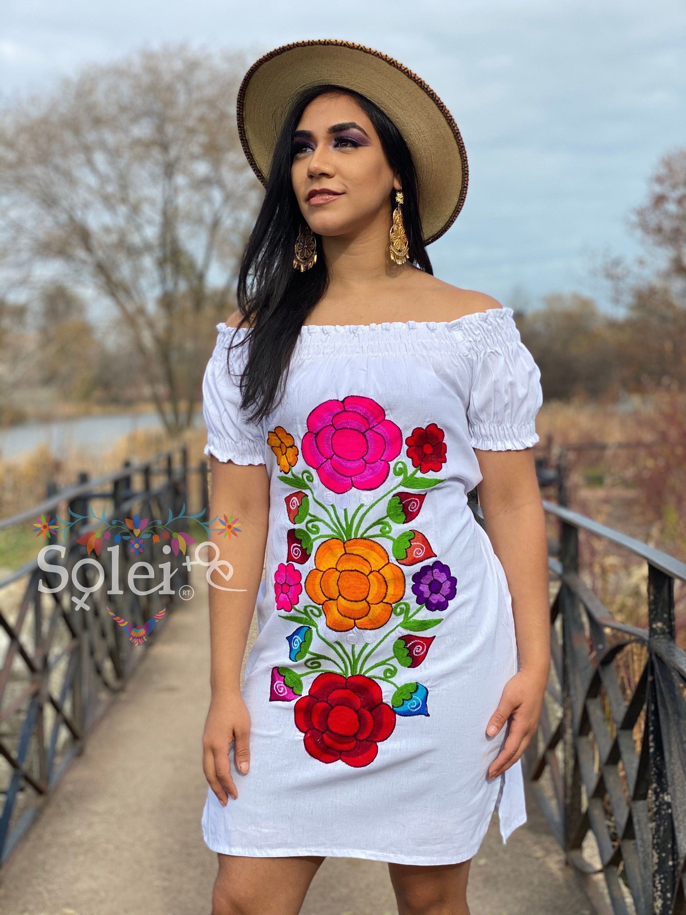 Mexican Off the Shoulder Dress. Floral Embroidered Dress. Short