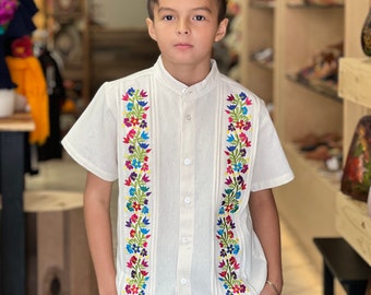 Floral Embroidered Guayabera for Boys. Sizes 2T-16. Traditional Style. Ethnic Style. Typical Mexican Shirt. Boho Hippie Style. Kids Fashion.