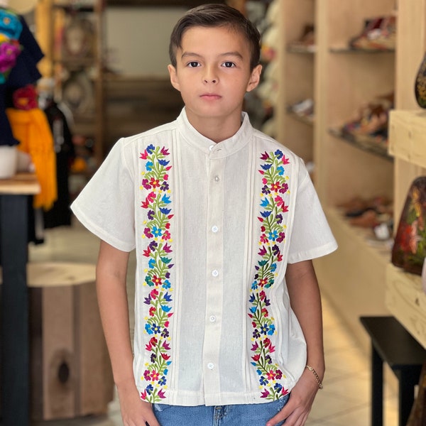 Floral Embroidered Guayabera for Boys. Sizes 2T-16. Traditional Style. Ethnic Style. Typical Mexican Shirt. Boho Hippie Style. Kids Fashion.