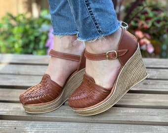 Mexican Leather Wedge All sizes Boho-Hippie Mexican  Artisanal Mexican Leather Leather Heels with