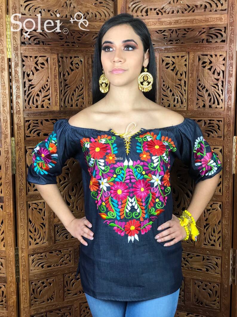 Off the Shoulder Blouse Denim Floral Embroidered Mexican Blouse Frida Kahlo Style Handmade in Mexico.