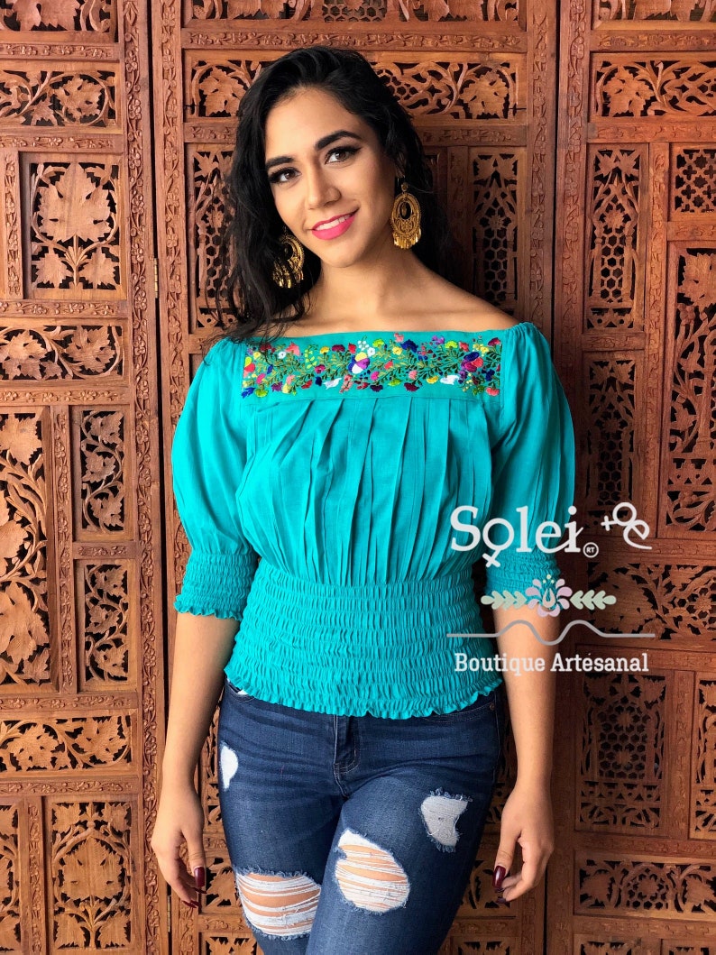 Hand Embroidered Mexican Blouse Authentic Mexican Top Dainty Floral Blouse Mexican Flower Top. Simple Floral Detail Silk Thread Blouse