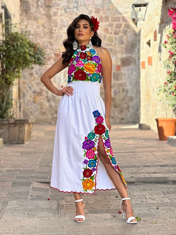 Vestido Mexicano Bordado Girasol. Tallas S 3X Vestido Mexicano