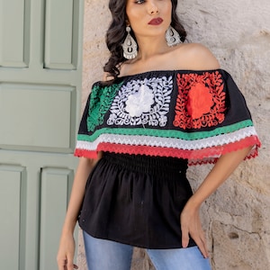 Mexican Independence Day Blouse. Size S - 3X. Mexican Off the Shoulder Blouse. Floral Embroidered Mexican Top. Typical Mexican Blouse.