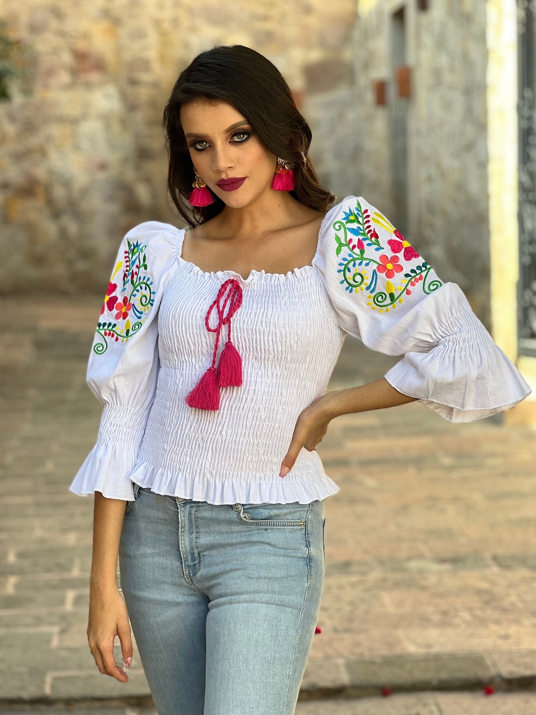 Floral Embroidered Mexican Blouse. Traditional Mexican Top