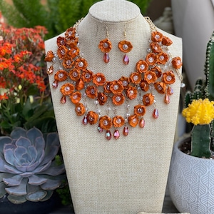 Mexican Artisanal Palm Leaf Jewelry Set. Palm Leaf Flower Necklace & Earrings. Floral Jewelry. Handmade Jewelry. Ethnic Necklace. Orange