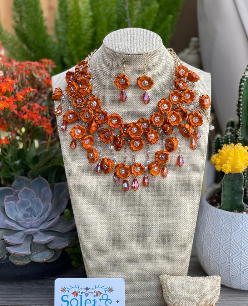 Mexican Artisanal Palm Leaf Jewelry Set. Palm Leaf Flower Necklace & Earrings. Floral Jewelry. Handmade Jewelry. Ethnic Necklace. Orange