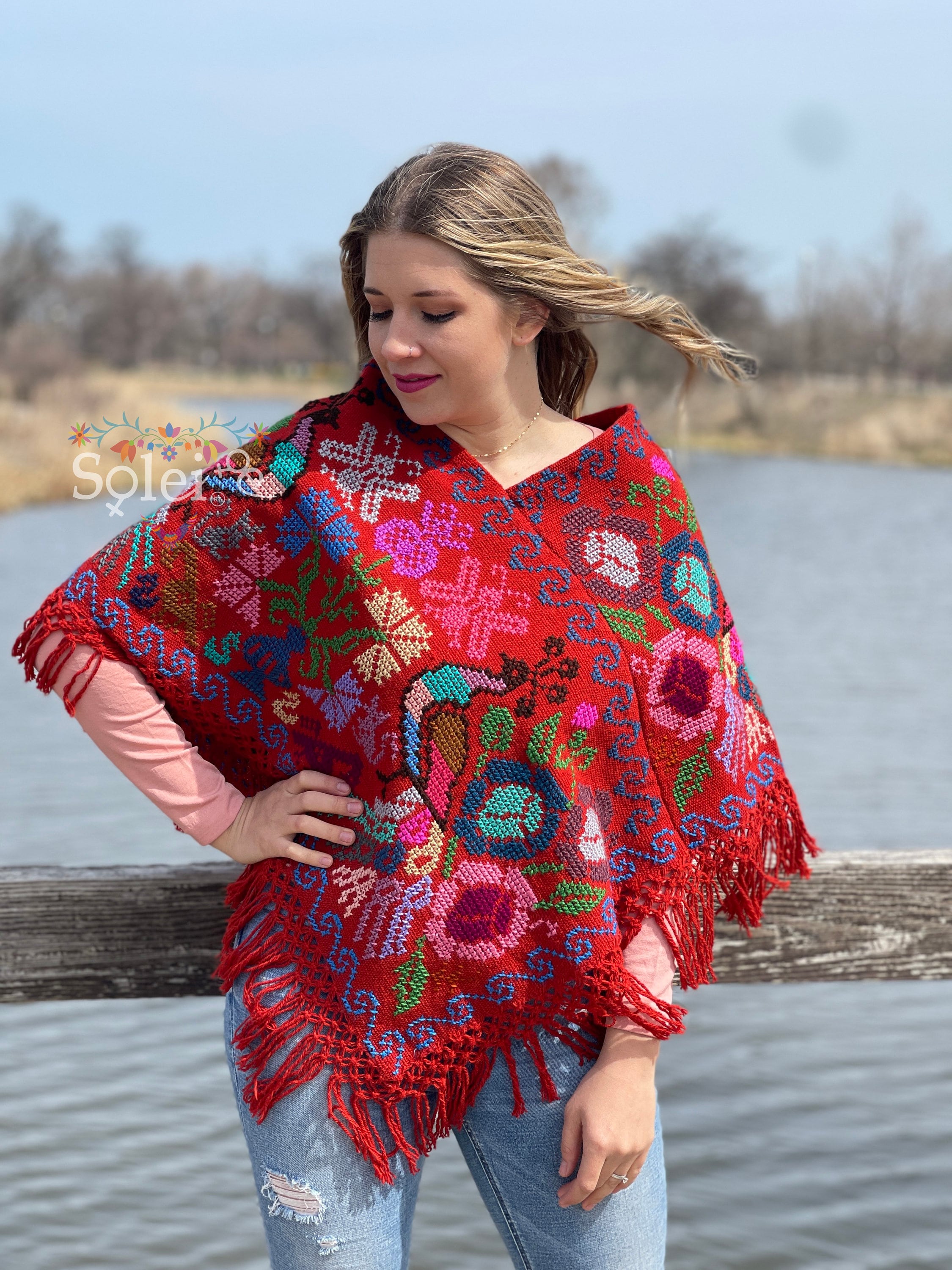 Peacock Embroidered Poncho. Colorful Poncho. Mexican Etsy