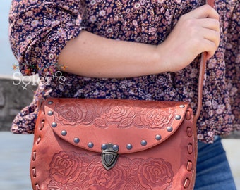 Genuine Mexican Leather Purse. Die Cut Leather Purse. Mexican Artisanal Over the Shoulder Bag. Floral Purse. Traditional Mexican Bag.