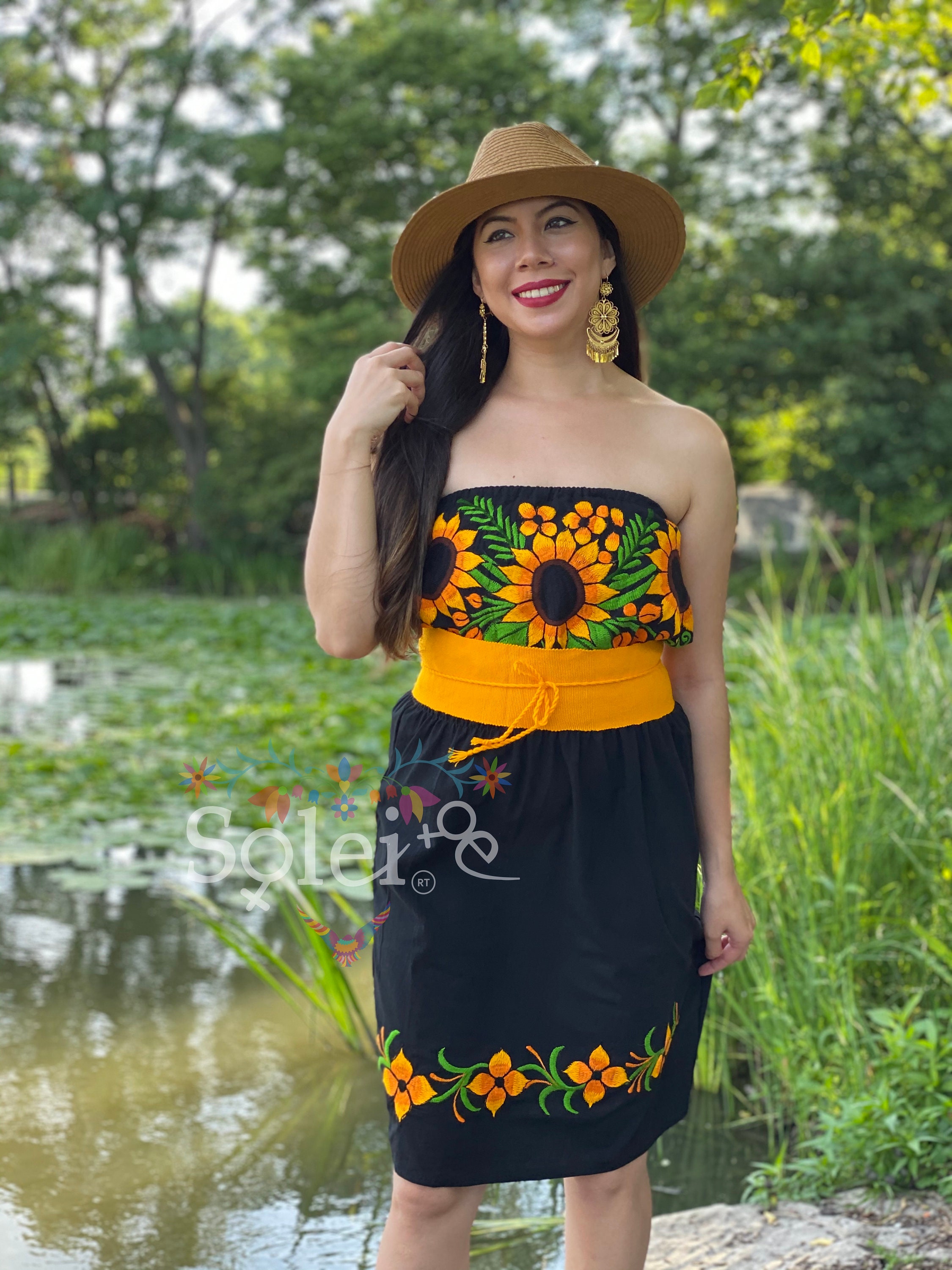 Sunflower Embroidered Mexican Dress.floral Strapless Dress