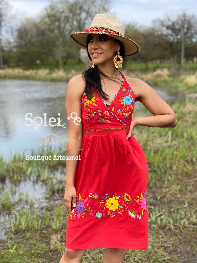 Colorful Mexican Dress. Mexican Dress Mexican Party Dress Mexican Bridesmaid Dress Hand Embroidered Mexican Dress Floral Halter Dress