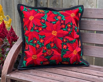 Poinsettia Embroidered Pillow Cover. Christmas Decorative Throw Pillow. Mexican Floral Cushion Cover. Pillow Cover. Mexican Cushion Cover.