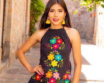 Embroidered Mexican Floral Halter Top. Size S - 2X. Hand Embroidered Mexican Top. Mexican Blouse. Typical Mexican Blouse.