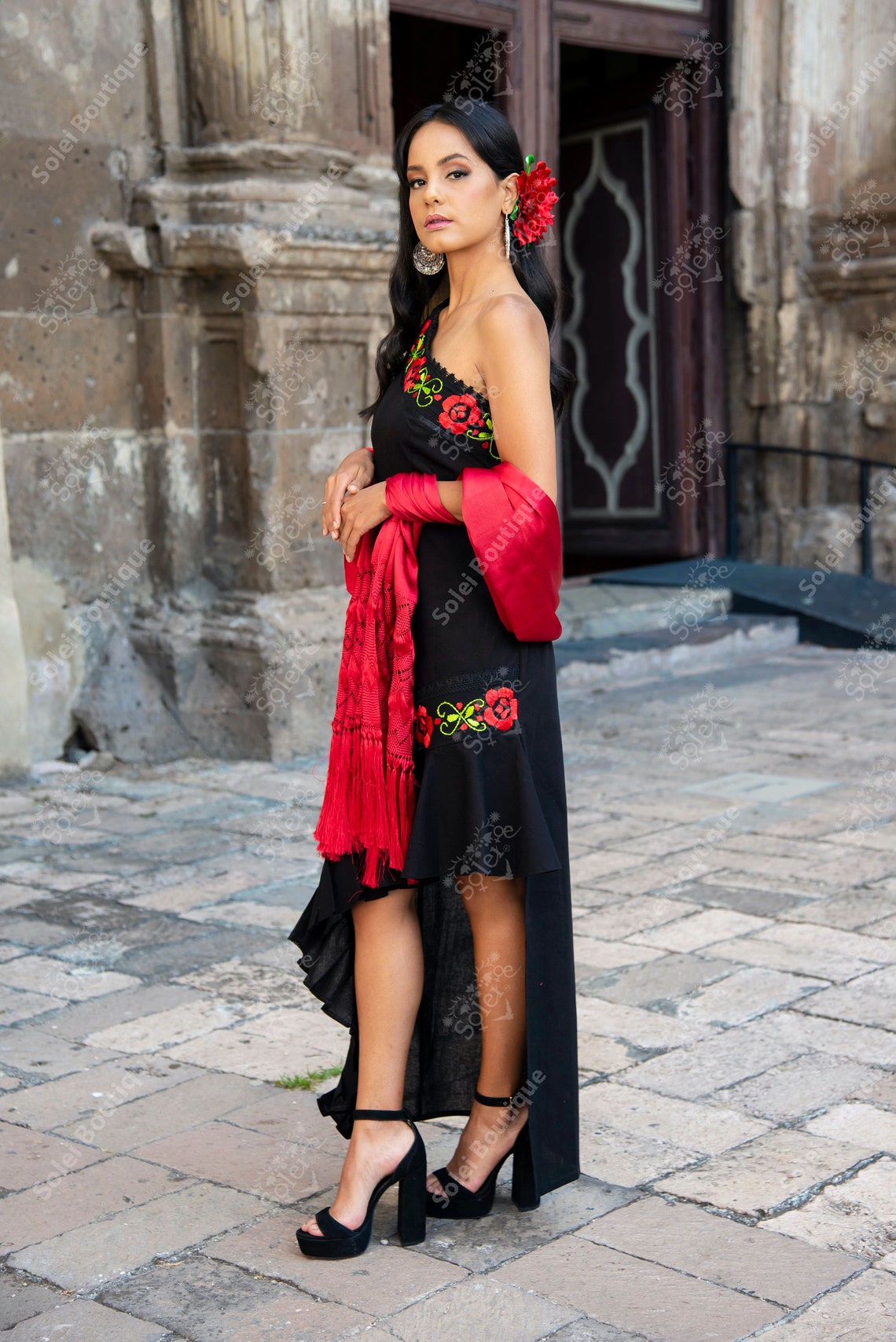 Solid Color Front Hand Embroidered Bling Ruffle Shirt Dress main image 1