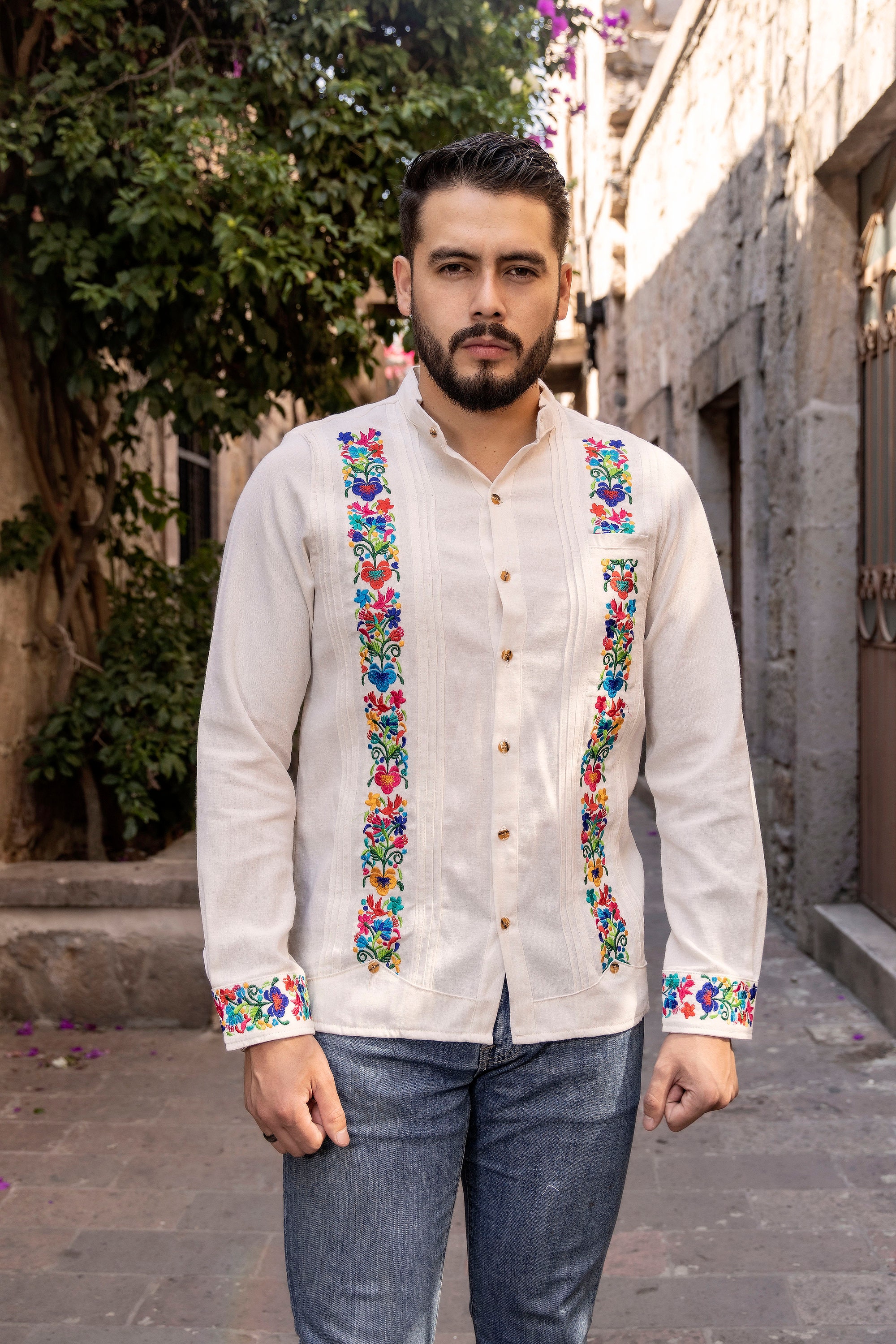 アンティーク ビンテージ 80s メキシコ 花柄 刺繍 透 ガウン シャツ 美品 メンズ メキシコ伝統シャツ。花柄刺繍入りグアヤベラ。フォーマルな