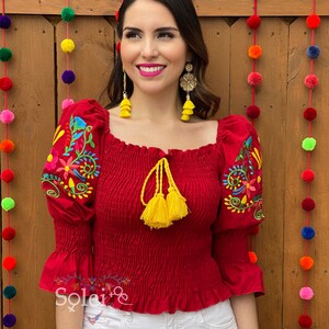 Floral Embroidered Mexican Blouse. Traditional Mexican Top. Bell Sleeve ...